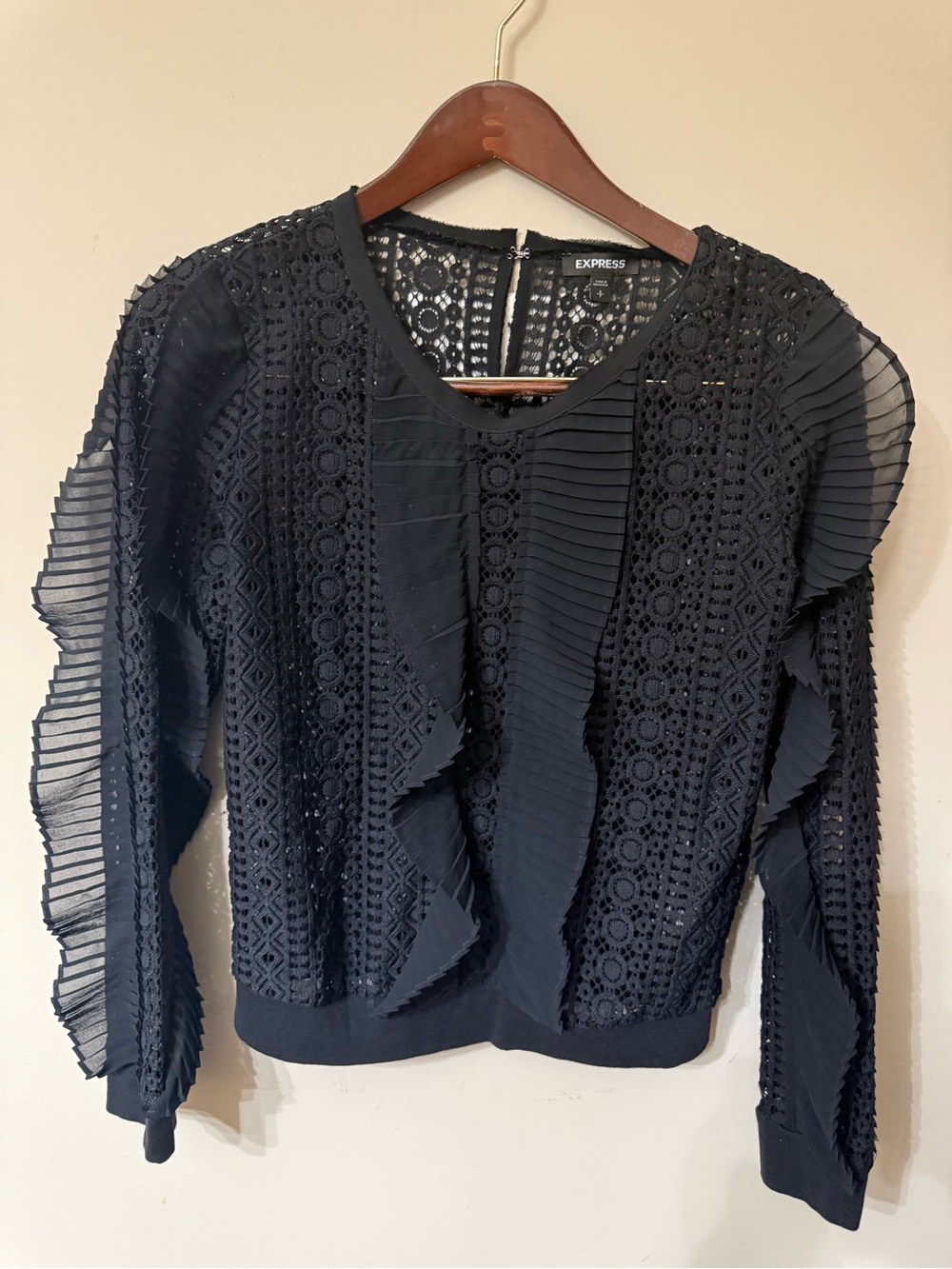 Express Black Lace & Pleated Ruffle Long Sleeve Top Y2K Festival